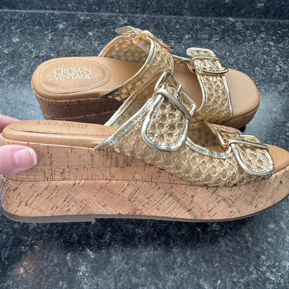 Crown Vintage Strappy Buckle Cork Platform Wedge Gold Sandal Woven Cane Women 10
